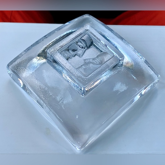 Kosta Boda "Live" Square Footed Thick Concave Glass Trinket Dish Two Faces - Picture 8 of 9